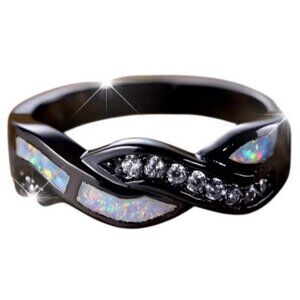 White Ethiopian Fire Opal eternity band wedding ring set with CZ set in Rhodium